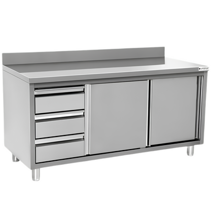 Meuble Bas Inox Professionnel avec Tiroirs et Portes Battantes 150 cm