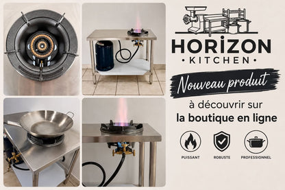 Table Inox avec Gros Feu Chinois Encastré 15 kW + Kit Complet (Tuyau & Détendeur