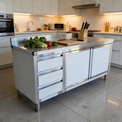 Meuble Bas Inox Professionnel avec Tiroirs et Portes Battantes 150 cm