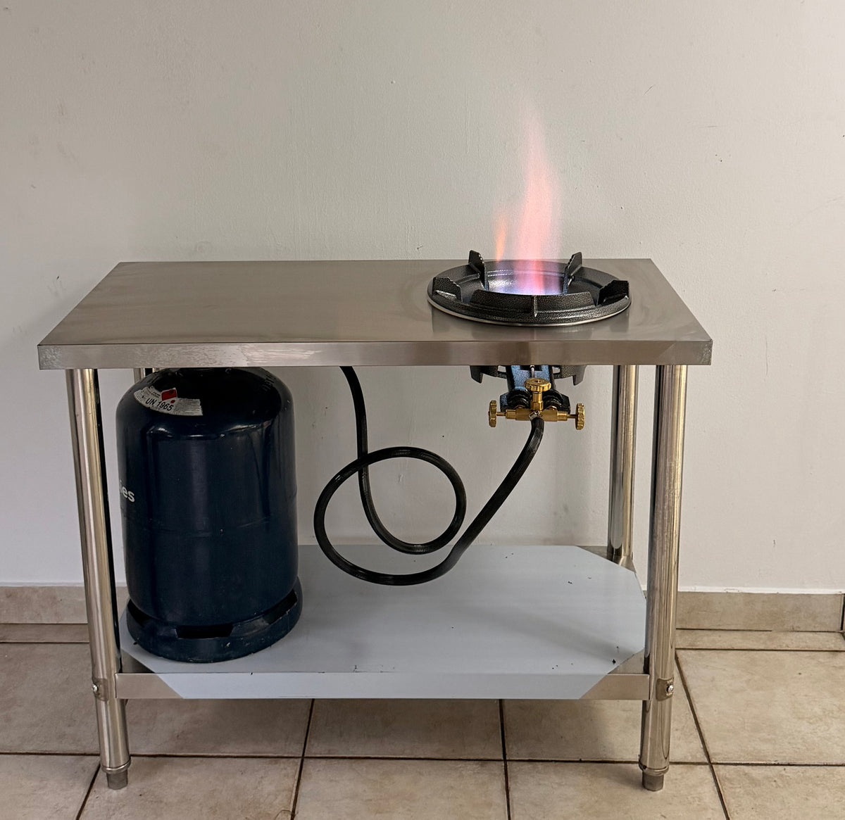 Table Inox avec Gros Feu Chinois Encastré 15 kW + Kit Complet (Tuyau & Détendeur